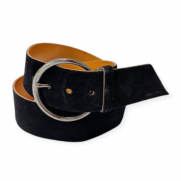 Miu Miu Black Suede Wide Belt with Large Round Buckle, Size‎ 90/36 - Picture 1 of 11